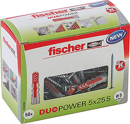 Fischer DuoPower 5 x 25 S, Powerful Universal Plug with Safety Screw, Intelligent 2-Component Technology for fastenings in Concrete, Bricks, Stone, Gypsum plasterboard, etc., 50 Plugs & 50 Screws