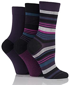 SockShop Ladies Gentle Bamboo Socks with Smooth Toe Seams in Plain and Striped Designs Pack of 3
