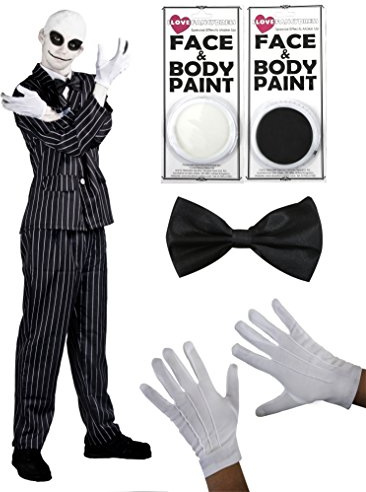 ADULT'S CHRISTMAS NIGHTMARE MR JACK HALLOWEEN FANCY DRESS COSTUME - PINSTRIPE SUIT WITH BOWTIE, WHITE GLOVES, FACEPAINT AND BALDCAP BY ILOVEFANCYDRESS® - TV & FILM SKELETON COSTUME - LARGE
