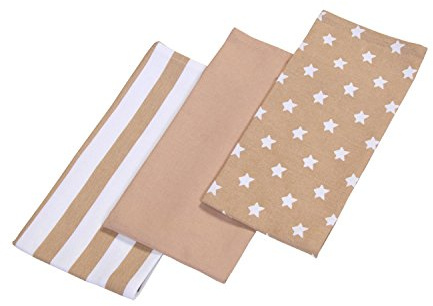 HOMESCAPES - Pure Cotton Tea Towels Set of Three - Stars - Beige White - 50 x 70 cm - Fully Coordinated Washable Kitchen Linen