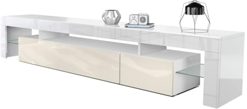 Vladon Lowboard Lima V2, Made in Germany, TV-Kommode mit 2 Klappen, 1 offenem Fach und 2 Glasablagen, Weiß Hochglanz/Creme Hochglanz (189 x 38 x 35 cm)