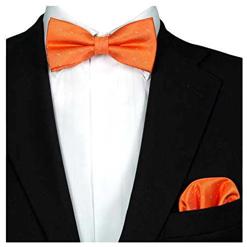 GASSANI 2Tlg Fliegenset, Festliche Orangene Herren-Fliege Silber Gepunktet, Hochzeitsfliege Anzug-Schleife Vor-Gebunden Ein-Stecktuch Vorgefaltet