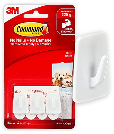 Command Micro Hooks with Command Adhesive Strips (1 Pack of 3 Hooks)