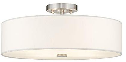Livex Lighting 51055-91 Meridian Collection 4-Light Semi Flush Mount Ceiling Fixture with Off-White Fabric Hardback Drum Shade, Brushed Nickel