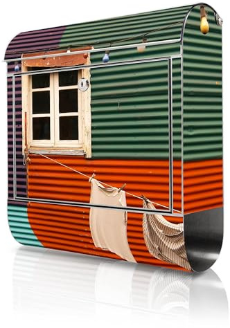 banjado Briefkasten Edelstahl 38x43x12cm & 2 Schlüssel - rostfreier Edelstahl Briefkasten mit Zeitungsfach - Postkasten A4 Einwurf inkl. Montagematerial - Motiv Buntes Haus