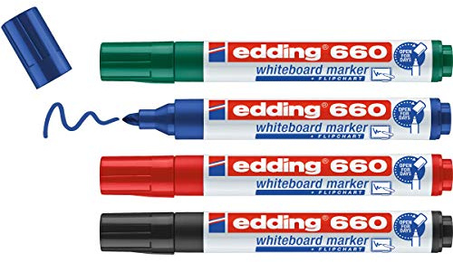 edding 660 whiteboardmarkör - flerfärgad - fodral med 4 pennor - rund spets 1,5–3 mm - raderbar filt - för whiteboardtavlor, magnetisk, memo och konferensstaffli - påfyllningsbar