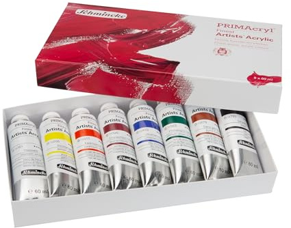 Schmincke - PRIMAcryl feinste Premium Acrylfarben, Grundsortiment 8 x 60 ml, 73002097, Kartonset, höchste Pigmentierung, Brillanz, Deckkraft, Ergiebigkeit