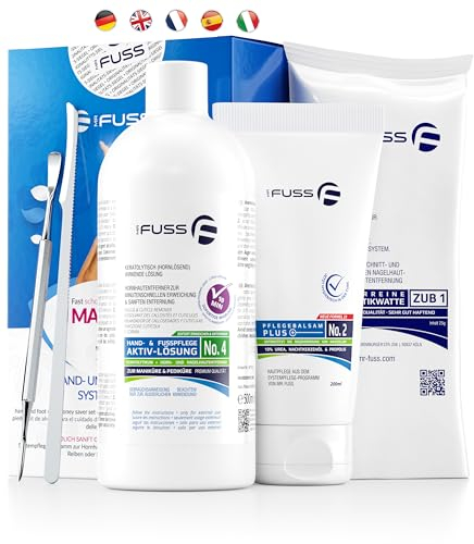 Mr. Fuss® N.º 4 Advanced Pack Complete - Eliminador de cutículas y cutículas (5 piezas, solución activa de ablandamiento rápido, 500 ml, bálsamo nº 2 – 200 ml, algodón, juego de cubiertos