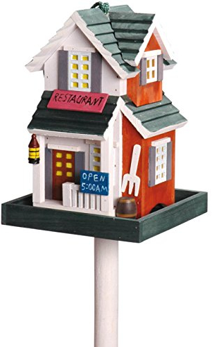 dobar® 25307FSC Buntes Vogelfutterhaus Restaurant - Vogelhaus inklusive Ständer Western Style - Kleine Vogelvilla aus Holz - Vogelfutterstation mit Futtersilo - 18 x 18 x 123 cm - Rot