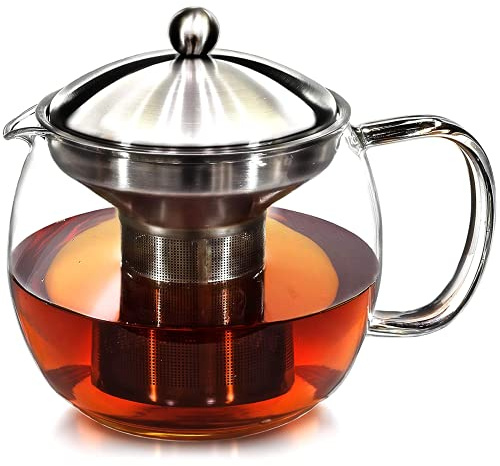 Teapot with Infuser for Loose Tea - 40oz, 3-4 Cup, Clear Glass Kettle Pot with Strainer & Warmer - For Whole Leaf, Iced Maker & Brewer