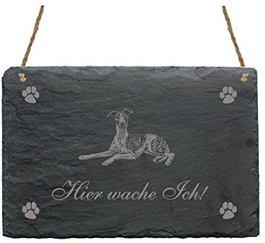 Slate Sign with Dog Motif Hier wache ich - Whippet [German Language] - Door Sign Decoration Garden Front Door Gate Door Entrance Patio - Small English Greyhound