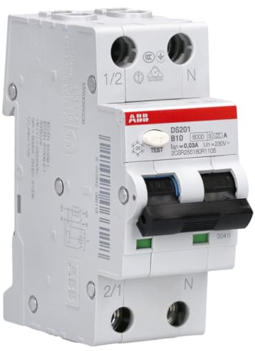 ABB DS201A-B10/0,03 FI/LS-Schalter - 10A B-Charakteristik RCBO 6kA | Typ A Fehlerstromschutzschalter - 30mA Sensitivität - 2 TE Baubreite für DIN-Hutschienen - Kombischalter für Verteilerkasten