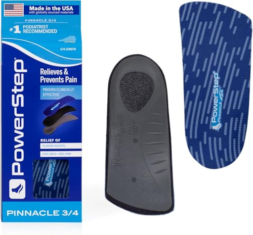 PowerStep Pinnacle 3/4 Orthotic Insole for Tight Shoes, Plantar Fasciitis Relief, Arch Supports Orthotic Insoles for Women and Men, Made in The USA (M10-10.5 / Women's 12)