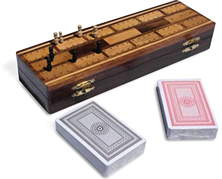 Traditional classic wooden cribbage board with pegs and two packs of playing cards | internal storage area | Retro wooden board set | crib board