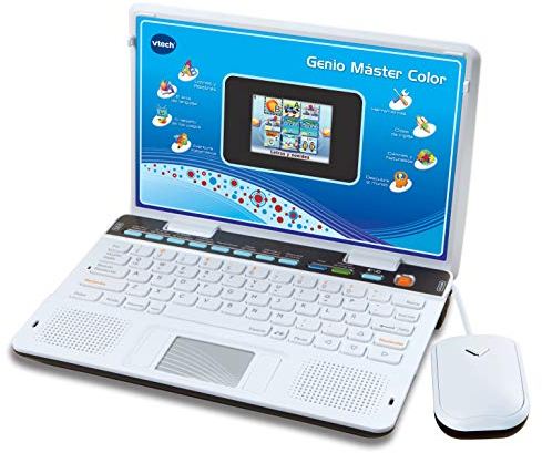 VTech - Genio Máster Color Bilingüe, Ordenador portátil para niños, enseña Vocabulario, matemáticas, Ciencias, 180 Actividades en español e inglés, Color Azul, Versión ESP