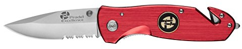 Pradel Excellence - Couteau d'Intervention Manche Rouge - Acier Inoxydable et Aluminium - Lame Tranchante Lisse et Dentée - Brise Vitre, Coupe Ceinture - Clip Ceinture - 11x4x3 cm