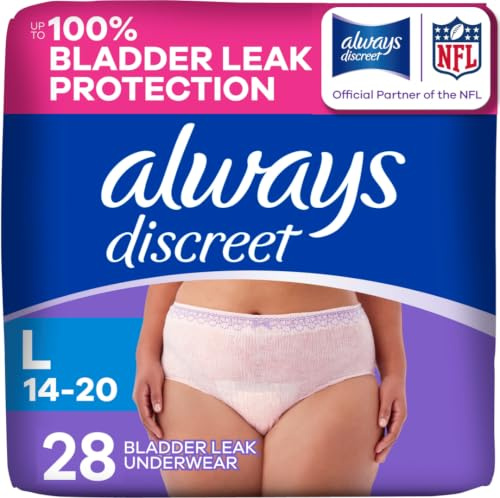 Always Discreet Adult Diapers for Women, Incontinence Underwear, Postpartum Essentials, Disposable Briefs, Max Absorbency, Bladder Leak Protection, Large, 28ct
