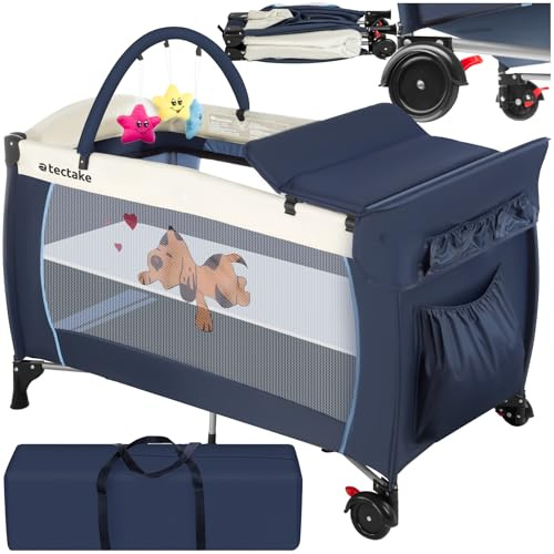tectake® Cuna Bebe Plegable y Ajustable, Parque Infantil con Corralito y Bolsa de Transporte, Cama Infantil Portátil, Corral para Bebe - 132 x 75 x 104 cm Diseño Tigre Azul