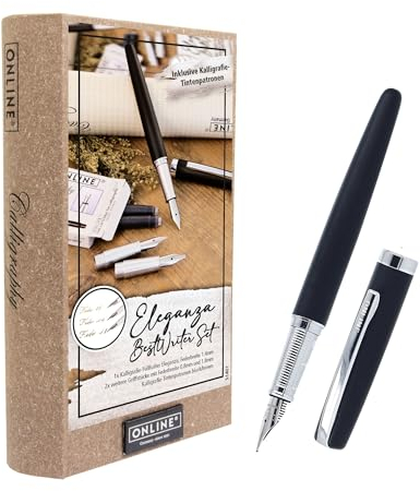 Online Eleganza Kalligrafie Set, Schönschreibfüller mit 3 Federn in den Strichstärken 0,8/1,4/1,8 mm, Kalligrafie Füller Geschenkset, inklusive Tintenpatronen schwarz/braun, Geschenkverpackt