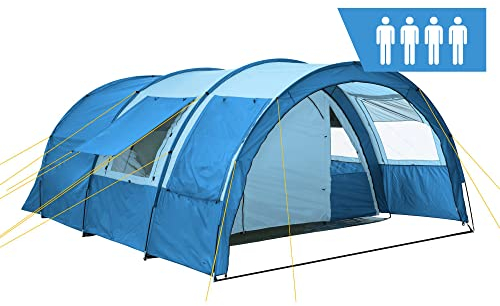 CampFeuer Zelt Multi für 4 Personen | 5000 mm Wassersäule | Blau/Hellblau | Tunnelzelt mit riesigem Vorraum, Campingzelt mit Bodenplane und versetzbarer Vorderwand | Gruppenzelt, Familienzelt