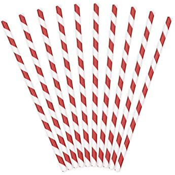 PartyDeco Cannucce di carta rosse con strisce diagonali bianche, cannucce decorative per bevande, cocktail, decorazione per compleanni, feste di Capodanno, serata al nubilato, stoviglie usa e getta