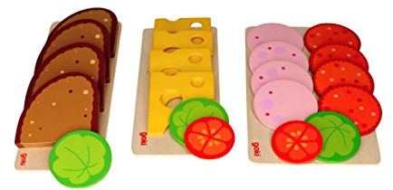 goki 2318 Brotscheiben, Wurstscheiben und Käseaufschnitt, mit Salat- und Gemüsebeilage - Set Brot, Wurst, Käse aus Holz als Zubehör für Kaufmannsladen & Spielküche