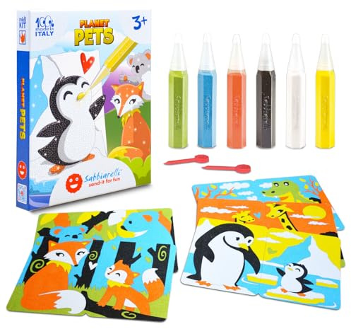 Sabbiarelli Sand-it For Fun – Kit Planet Pets 3+ | Kit med Sand Art på djurtema 100% Made in Italy med färgad sand, självhäftande motiv och tillbehör | Kreativt pyssel för barn 3-7 år
