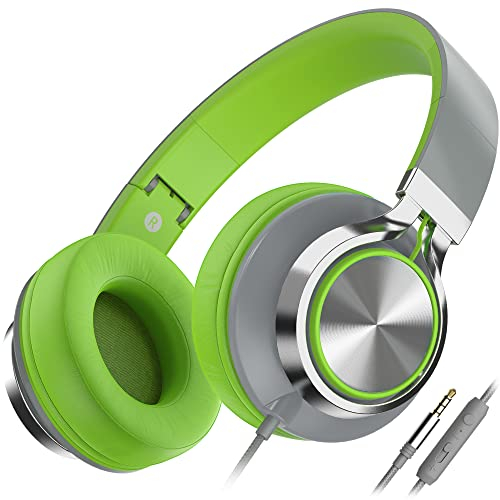 Ailihen C8 Foldable Headphones with Microphone and Volume Control Lightweight Stereo Headsets for 3.5mm Android Cellphones Smartphones Laptop Computer Mp3(Grey/Green)