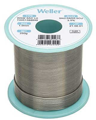 Weller WSW SAC L0 (T0051388899) Fil De Soudage Sans Plomb, Ø 1,0mm, Alliage Sn96.5Ag3.0Cu0.5, Teneur De L'écoulement 3,5% 250g