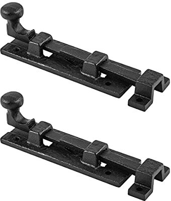 Renovators Supply Manufacturing Slide Bolt Latch 4 in. Black Wrought Iron Slide Bolt with Catch and Mounting Hardware Pack of 2