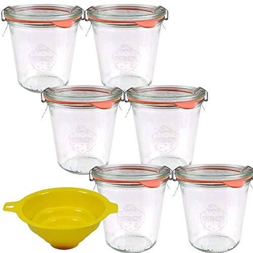 6 kleine Weckgläser / Rundrandgläser in Sturzform 290 ml (hohe Form) inkl. Klammern und Ringen und einem gelben Einfülltrichter mit Arretierung
