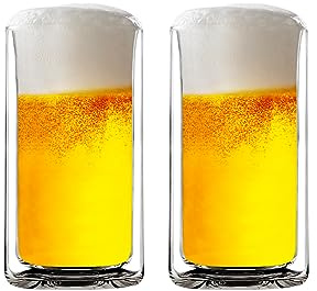 Sun's Tea 13oz Ultra Clear Strong Double Wall Thermal Insulated Highball Drinking Glasses for Beer, Coffee, Juice, Smoothie, Mojito, Soda, Milk and Mixed Beverages, Set of 2 (real glass, not-plastic)