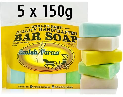 Amish Farms Bar Soap with All Natural Bentonite Clay - Handmade Vegan Soap Bars Multipack, Moisturising Body Soap Bar for Sensitive Skin, Women & Mens Face & Body Use - Clean Scent, 150g Each (5 Bars)