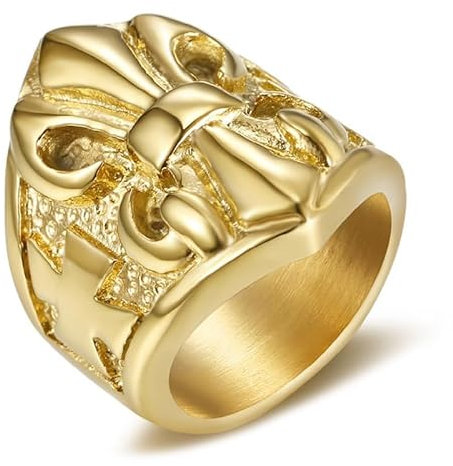 BOBIJOO Jewelry - Bague Chevalière Fleur de Lys Doré Or Plaqué Croix Malte Anneau Templier Acier Inoxydable 316L Lis - 58 (8 US)