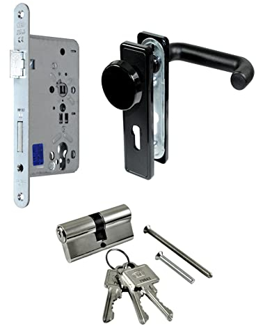 SN-TEC Stahltür/FH Tür Komplett Set Beschlag (einseitig Knauf) + FH Schloss (DIN Links) + Profilzylinder