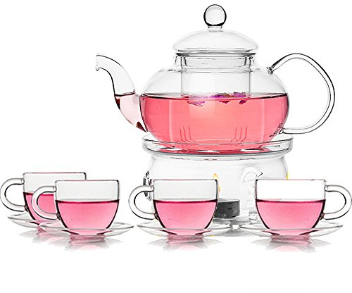 TAMUME Juego de Té de Vidrio Tetera y Calentador de Té con 4 Tazas y 4 Platillos (600ML+ 80ML*4)