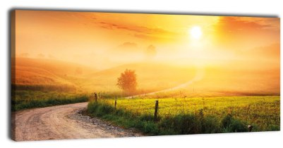 wandmotiv24 Leinwandbild Panorama Nr. 315 Weg im Morgendunst 100x40cm, Keilrahmenbild, Bild auf Leinwand, Landstrasse Sonnenaufgang Landschaft