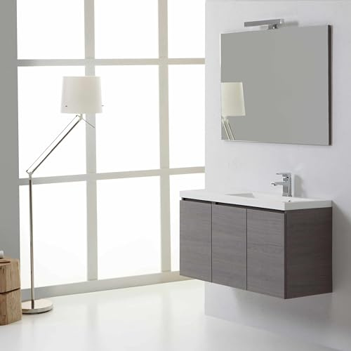 Kiamami Valentina - Meuble de Salle de Bain Suspendu 90cm avec 3 Portes Gris et lavabo en résine de marbre | Manhattan
