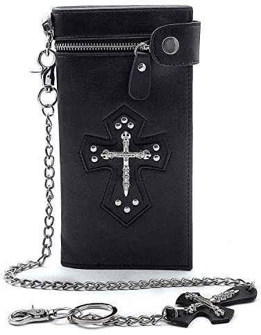 vogueteen Mens Gothic Skull Cross Leather Biker Punk Wallet with a Metal Long Chain Black