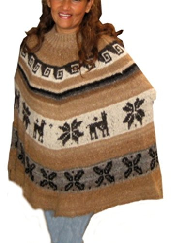Alpacaandmore, Poncho da donna, in lana di alpaca, marrone, taglia unica, lavorato a mano, marrone, taglia unica