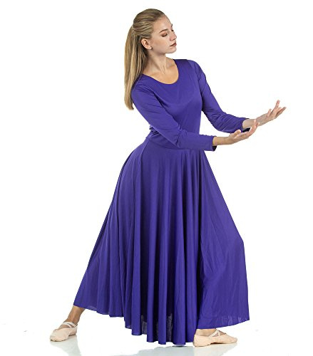 Danzcue Womens Praise Loose Fit Full Length Long Sleeve Dance Dress, Deep Purple, Small