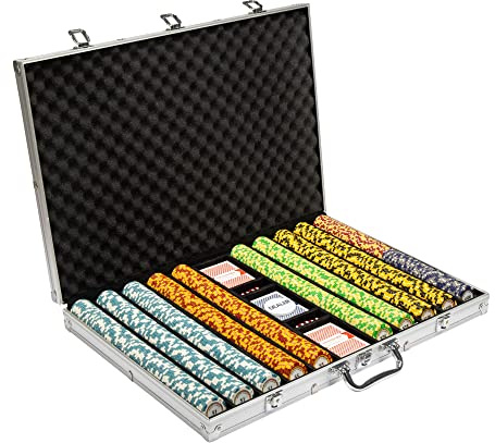 Brybelly 14 Gram 1000 Count Poker Set - Monte Carlo - 14G Clay Composite Chips with Aluminum Case, Playing Cards, Dealer Button for Poker, Texas Hold'em, Blackjack, Casino Games at Home