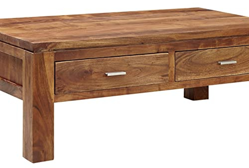 MASSIVMOEBEL24.DE | Shaman Couchtisch aus Massivholz #70 - Honig, lackiert | aus Akazienholz | 110x60x40cm | mit Schubladen | Kaffeetisch Beistelltisch Sofatisch