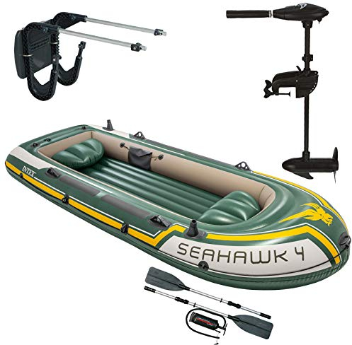 Intex Schlauchboot-Set mit Elektromotor für 4 Personen, Seahawk 4, 351x145x48 cm, Aluminium, 12V Elektromotor, 696W, 5 Vorwärts- / 3 Rückwärtsgänge, Heckspiegel, Paddel, Pumpe, für Süß- und Salzwasser