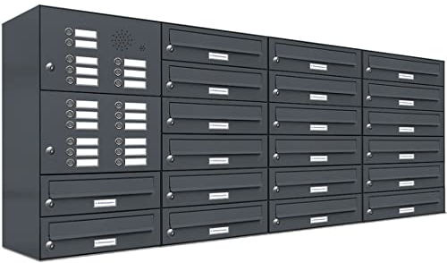 AL Briefkastensysteme 20er Briefkastenanlage mit Klingel Anthrazit Grau RAL 7016, Premium Briefkasten DIN A4, 20 Fach Postkasten modern Aufputz