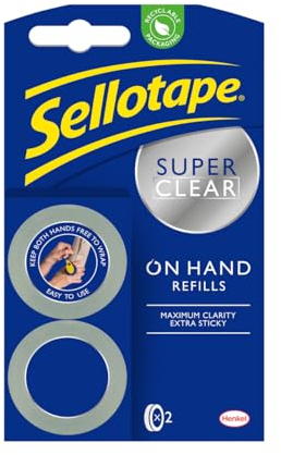 Sellotape On-Hand Refills, Extra Strong Adhesive Tape, Clear Tape Refills for Arts & Crafts, Strong Tape for the On-Hand Tape Dispenser, 18mm x 15m, Pack of 2
