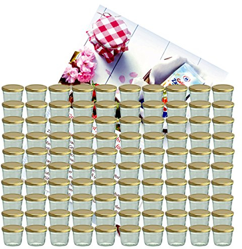 MamboCat 100er Set Sturzglas 230 ml Marmeladenglas Einmachglas Einweckglas to 82 Goldener Deckel incl. Diamant-Zucker Gelierzauber Rezeptheft