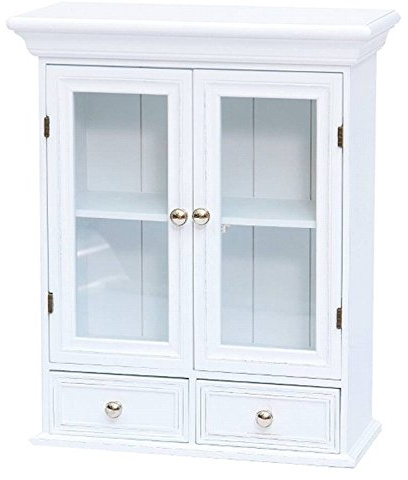 elbmöbel Hängeschrank Holz mit Zwei Holztüren mit Glastür Zwei Schubladen Wandschrank Badschrank Medizinschrank antik Shabby weiß 60x49 cm