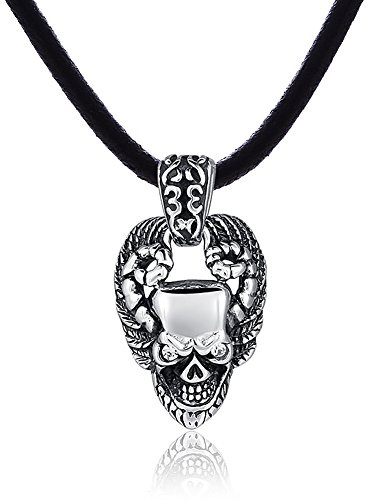 DonDon Herren Halskette Kautschuk 50 cm und Totenkopf Anhänger aus Edelstahl mit weißen Steinen in einem Samtbeutel