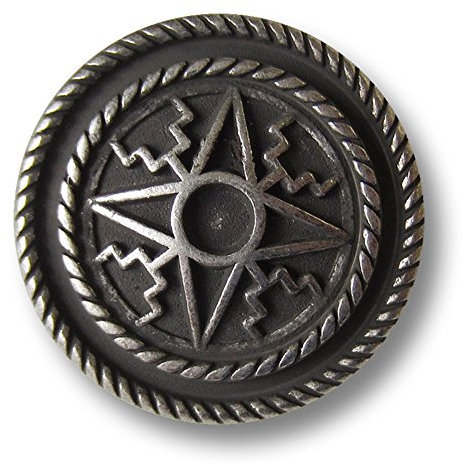 Knopfparadies - 5er Set besonders schöne Metall Ösen Knöpfe mit Stern Motiv, Ethno Muster & doppelt gekördeltem Rand/altsilberfarbe, geschwärzt/Metallknöpfe/Ø ca. 26mm
